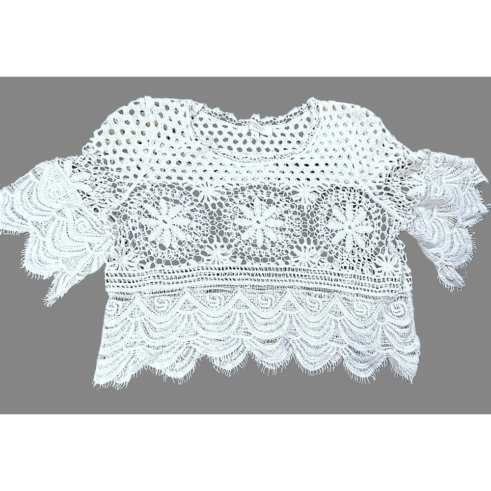 Rebellion Lace Crochet Top Boho Fringe Sheer Ivory Crop Blouse Womens Lace Cute